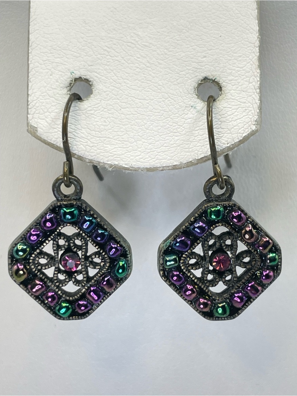 Premier Designs Gunmetal Beaded Dangle Earrings Purple Green Crystal Boho
